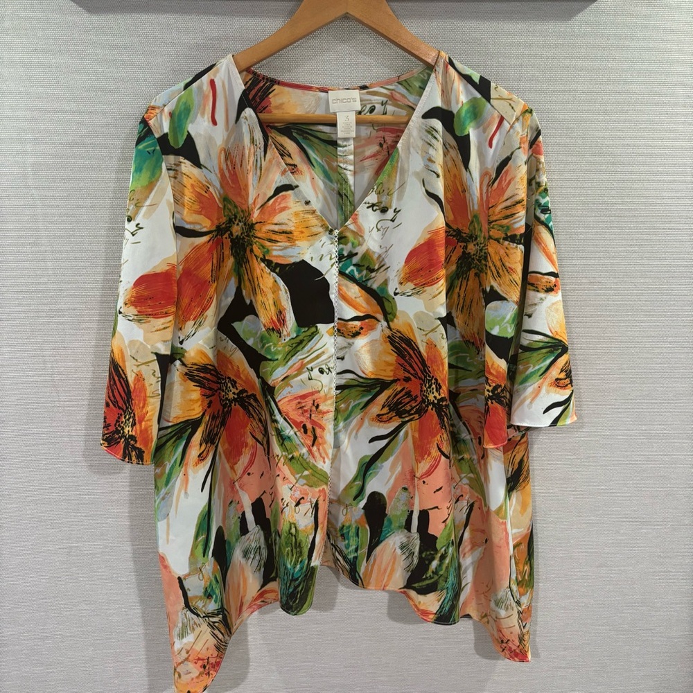 Chicos Printed Floral Blouse – Orange, Green & White‎ – Size 3
